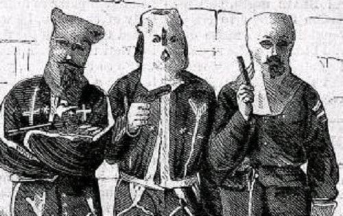 Line drawing of Ku Klux Klan members who were captured with their disguises and hoods. January 6, 1872.