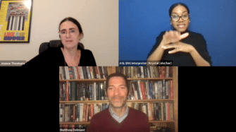 Screenshot of presenters and interpreter in conversation