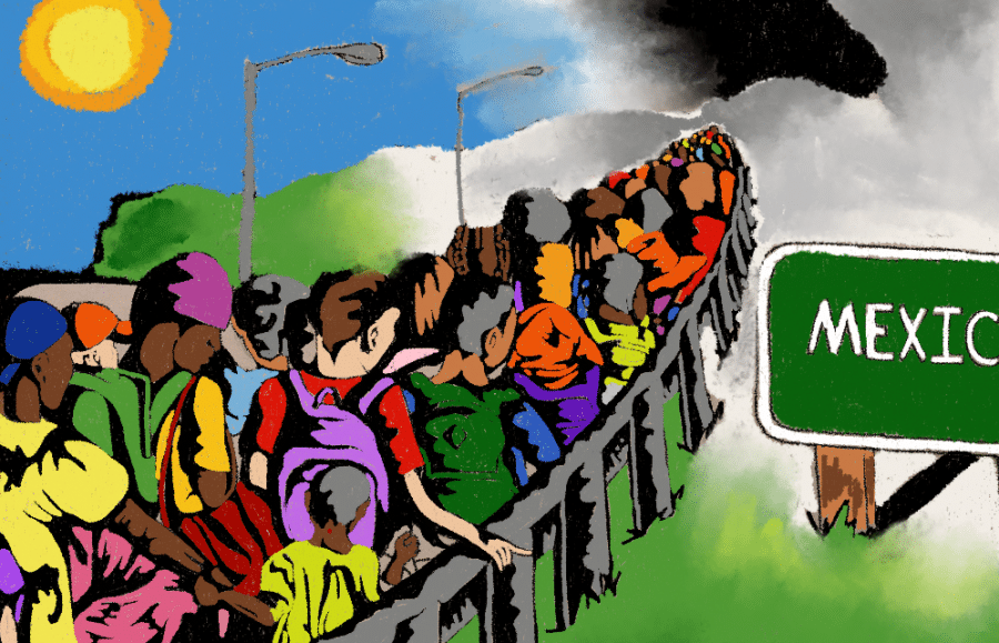A colorful painting of people being deported back to Mexico, by Kaelyn Savard.